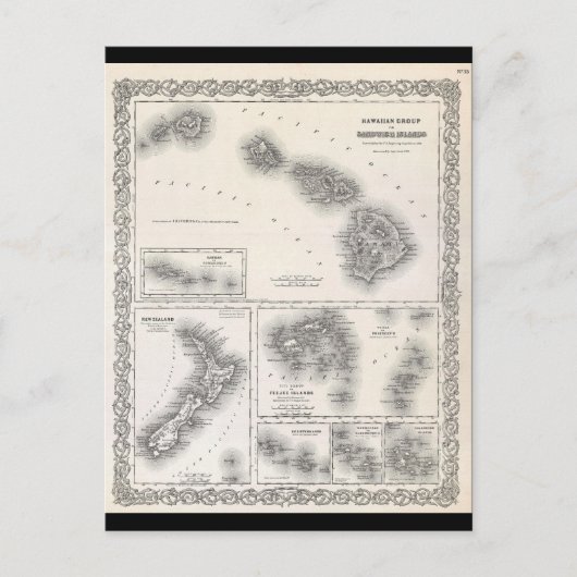 1855 Colton Map of Hawaii and New Zealand Briefkaart (Voorkant)