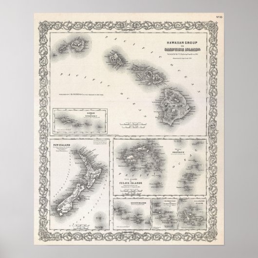 1855 Colton Map of Hawaii and New Zealand Poster (Voorkant)