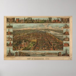1855 Harrisburg, PA Birds Eye Uitzicht Panoramic M Poster