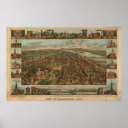 1855 Harrisburg, PA Birds Eye Uitzicht Panoramic M Poster (Voorkant)
