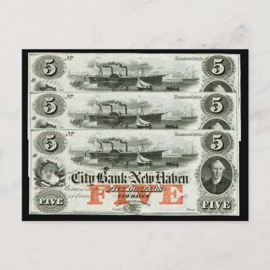 1855 New Haven 5-dollarbiljet Briefkaart (Voorkant)