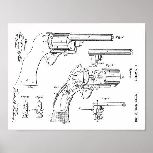1855 Pistool Revolver Patent Art Drawing Print (Voorkant)