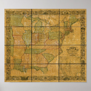 1856 Antiek Spoorwegkaart van de Verenigde Staten Poster