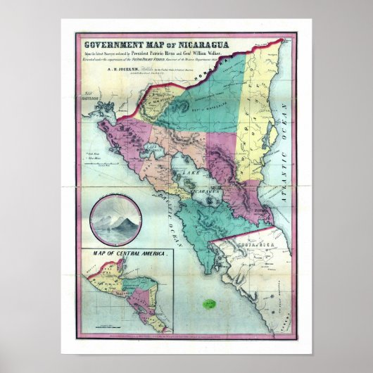 1856 Government Map of Nicaragua door A.H. Jocelyn Poster (Voorkant)
