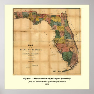 1856 Kaart van de staat Florida door Columbus Drew Poster