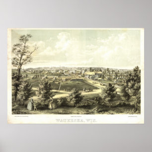 1857 Waukesha, WI Birds Eye Uitzicht Panoramic Map Poster