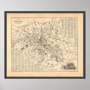 1858 Kaart: Itineraire des Omnibus dans Paris Fran Poster