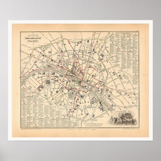 1858 Kaart: Itineraire des Omnibus dans Paris Fran Poster (Voorkant)