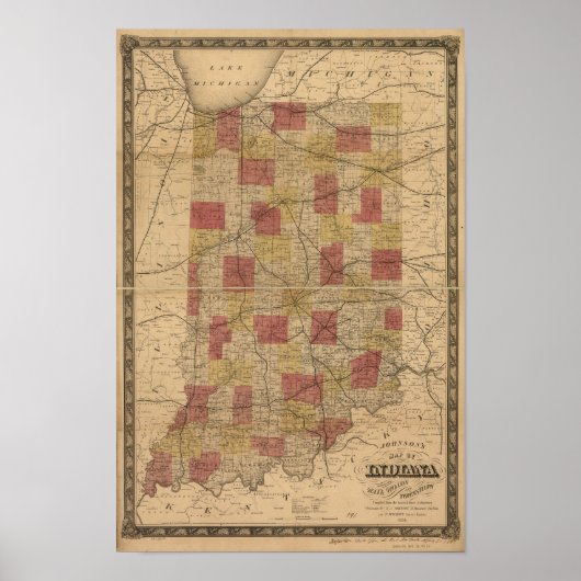 1858 Kaart van Indiana met de afbeelding van rails Poster (Voorkant)