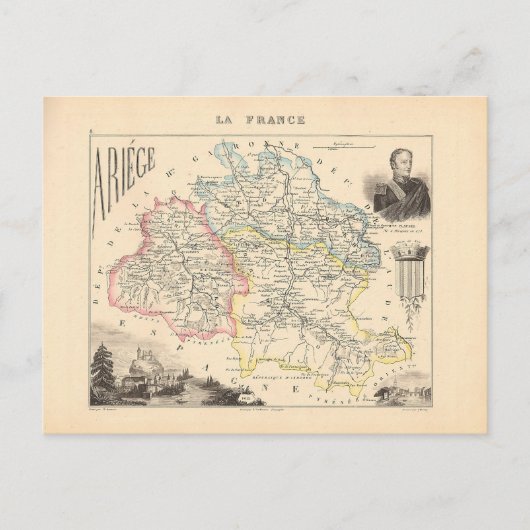 1858 Map of Ariege Department, Frankrijk Briefkaart (Voorkant)