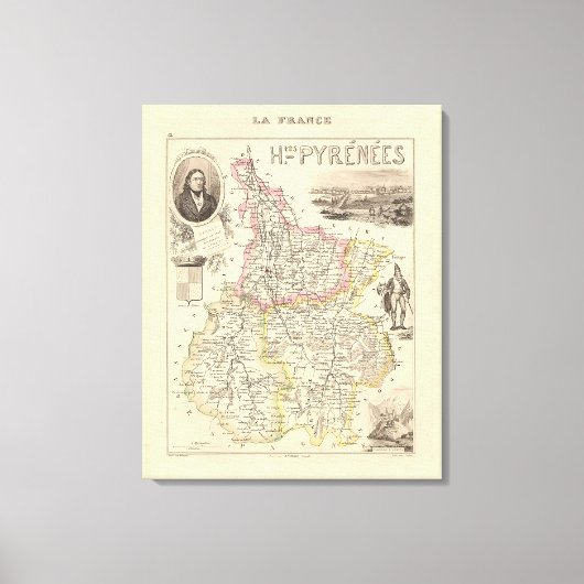 1858 Map of Hautes Pyrenees Department, France Pos Canvas Afdruk (Voorkant)