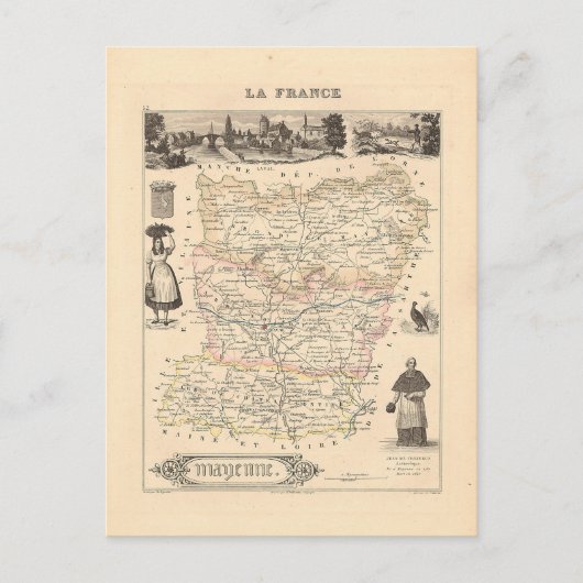 1858 Map of Mayenne Department, Frankrijk Briefkaart (Voorkant)
