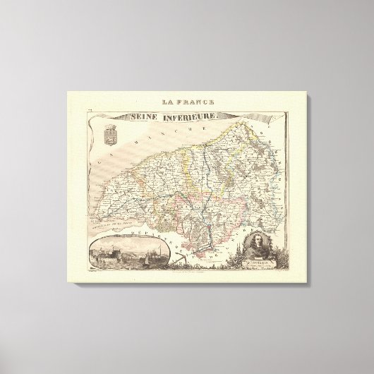 1858 Map of Seine Inferieure Department, France Po Canvas Afdruk (Voorkant)