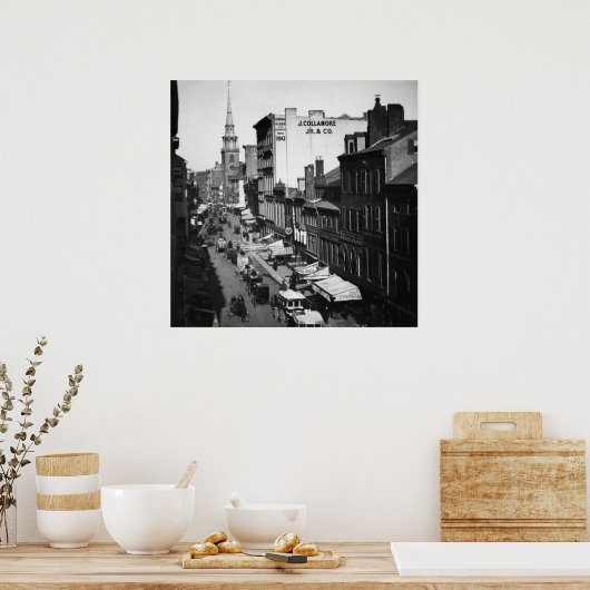 1859: Verkeer en winkels in Washington Street Poster (Keuken)