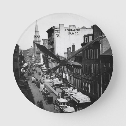 1859:  Verkeer en winkels in Washington Street Ronde Klok (Voorkant)