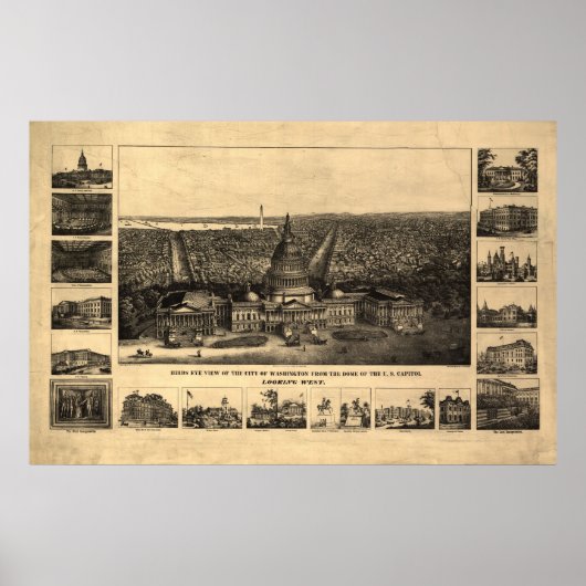 1860-90 Washington DC Birds Eye Uitzicht Panorama Poster (Voorkant)