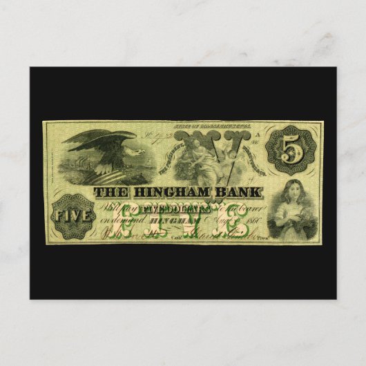 1860 Hingham Massachusetts 5 dollar biljet Briefkaart (Voorkant)