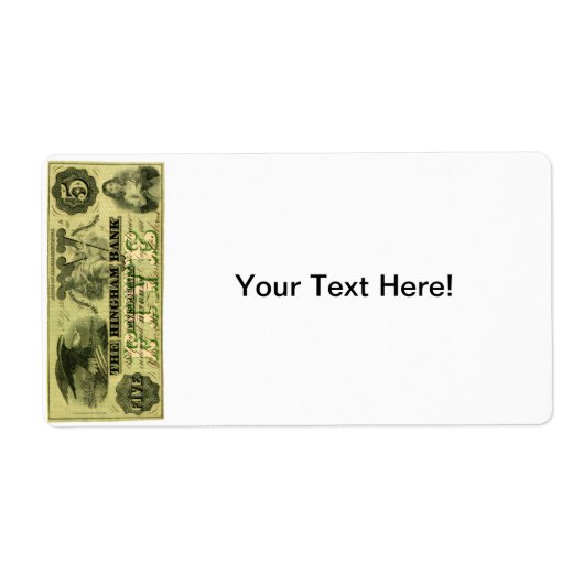 1860 Hingham Massachusetts 5 dollar biljet Etiket (Voorkant)