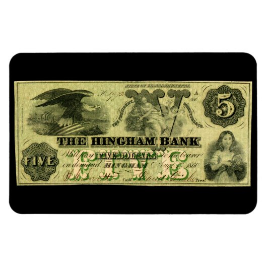 1860 Hingham Massachusetts 5 dollar biljet Magneet (Horizontaal)