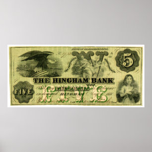 1860 Hingham Massachusetts 5 dollar biljet Poster