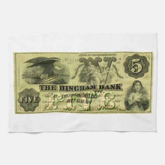 1860 Hingham Massachusetts 5 dollar biljet Theedoek (Horizontaal)