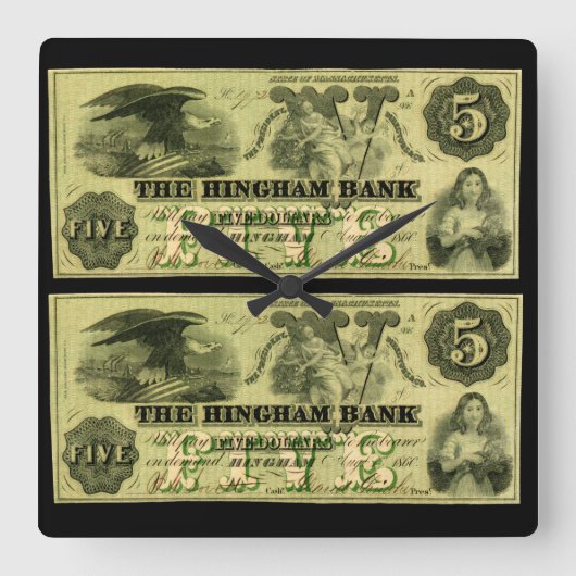1860 Hingham Massachusetts 5 dollar biljet Vierkante Klok (Voorkant)