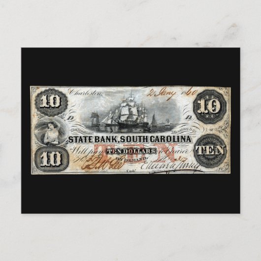 1860 South Carolina Ten Dollar Note Briefkaart (Voorkant)