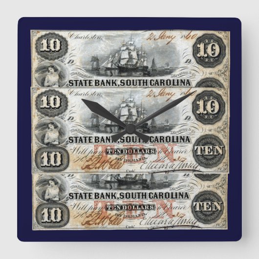 1860 South Carolina ten Dollar Note Vierkante Klok (Voorkant)