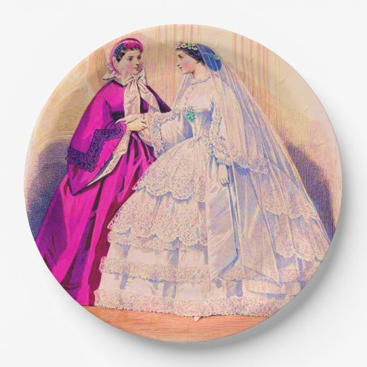 1861 Franse modeplaat trouwjurk Papieren Bordje (Voorkant)