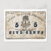 1863 South Carolina 5 Cent Note Briefkaart (Voorkant)