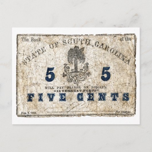 1863 South Carolina 5 Cent Note Briefkaart (Voorkant)