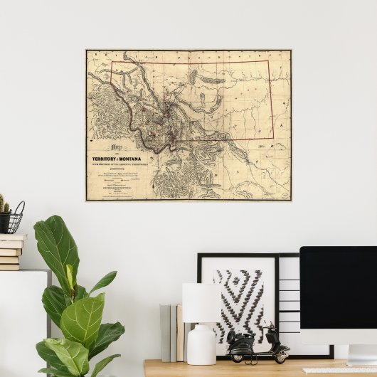 1865 kaart van het gebied Montana Poster (Thuiskantoor)