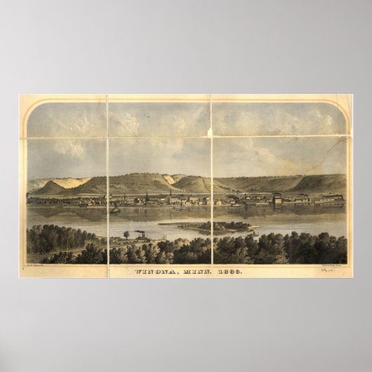 1866 Winona, MN Birds Eye Uitzicht Panoramic Map Poster (Voorkant)