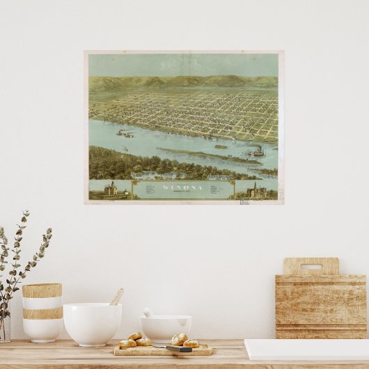 1867 Winona, MN Birds Eye Uitzicht Panoramic Map Poster (Keuken)