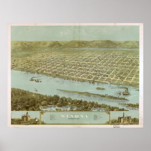 1867 Winona, MN Birds Eye Uitzicht Panoramic Map Poster (Voorkant)