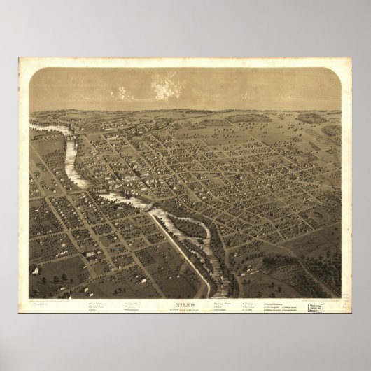 1868 Niles, MI Birds Eye Uitzicht Panoramic Map Poster (Voorkant)