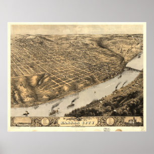 1869 Kansas City, MO Birds Eye Uitzicht Panoramic  Poster