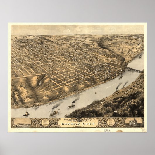 1869 Kansas City, MO Birds Eye Uitzicht Panoramic  Poster (Voorkant)
