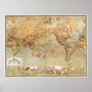 1870 Baur en Bromme Wereldkaart Mercator Projectio Poster