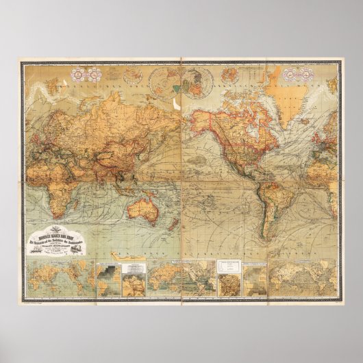 1870 Baur en Bromme Wereldkaart Mercator Projectio Poster (Voorkant)