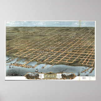 1870 Erie, PA Birds Eye Uitzicht Panoramic Map Poster