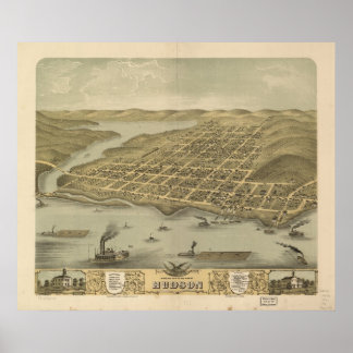 1870 Hudson, WI Birds Eye Uitzicht Panoramic Map Poster
