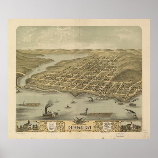 1870 Hudson, WI Birds Eye Uitzicht Panoramic Map Poster (Voorkant)