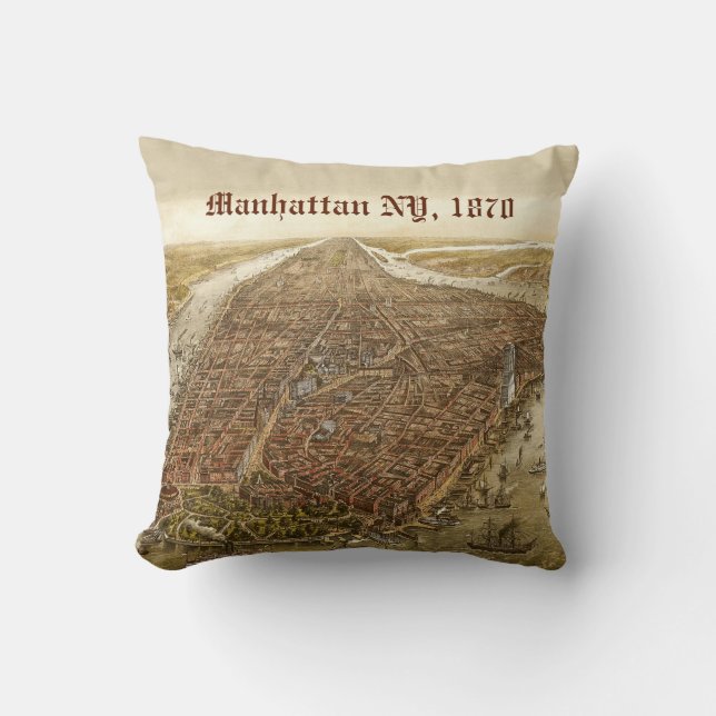 1870 Manhattan New York City  Oude Kaart Kussen (Voorkant)