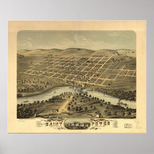 1870 Saint Peter, MN Birds Eye Uitzicht Panoramic  Poster (Voorkant)