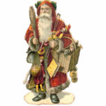 1870 Sinterklaas met mandje speelgoed Staand Fotobeeldje<br><div class="desc">Dit is een digitaal verbeterde afdruk van een antiek 1870-chromolithograaf van de kerstman met een mand vol speelgoed.</div>