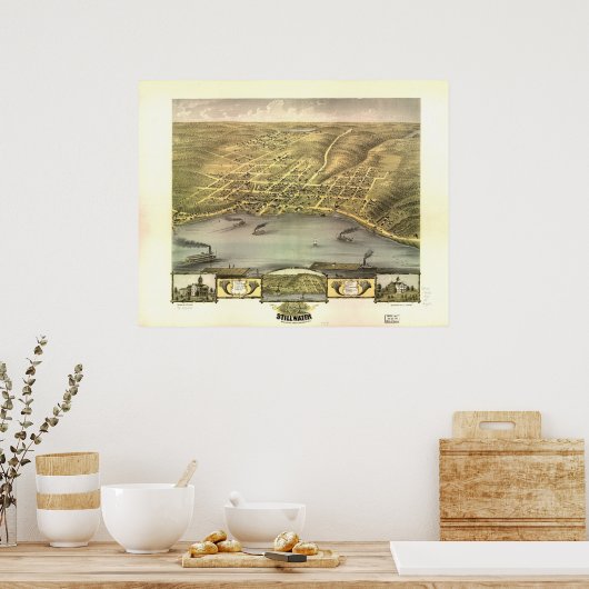 1870 Stillwater, MN Birds Eye Uitzicht Panorama Poster (Keuken)