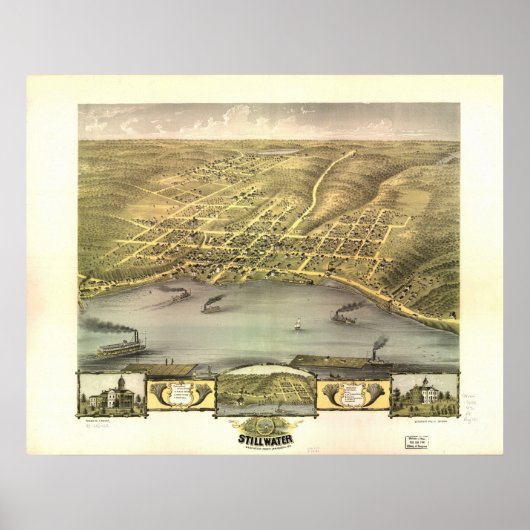 1870 Stillwater, MN Birds Eye Uitzicht Panorama Poster (Voorkant)