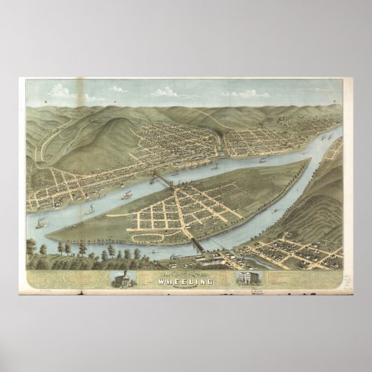 1870 Wheeling, WV Bird's Eye Uitzicht Panorama Poster (Voorkant)