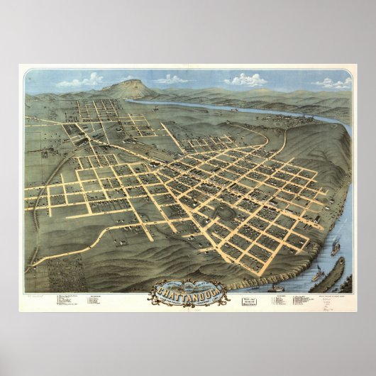 1871 Chattanooga, TN Birds Eye Uitzicht Panorama Poster (Voorkant)